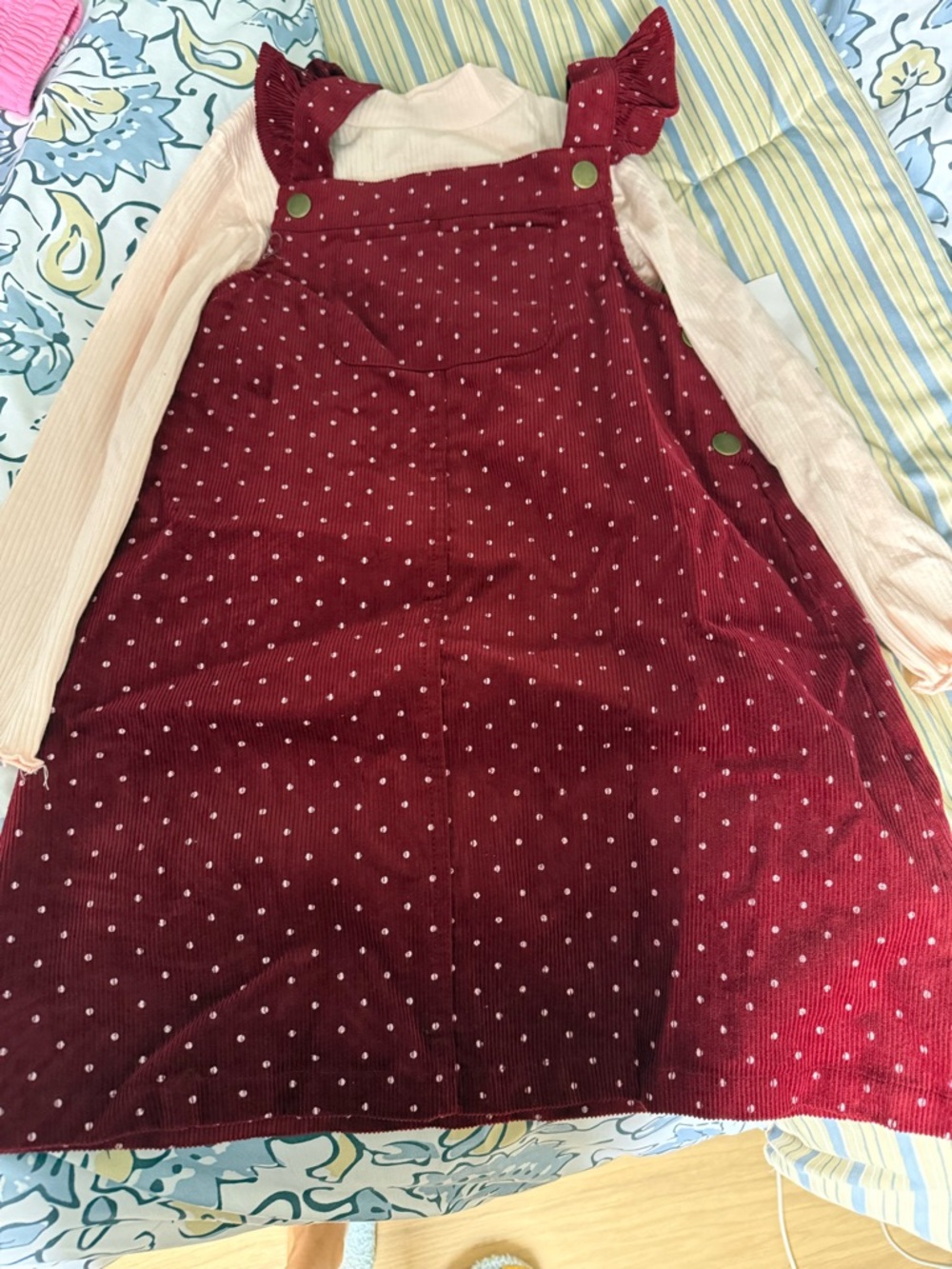 Girls Burgundy Dot Corduroy Pinafore Dress with Cream Top
